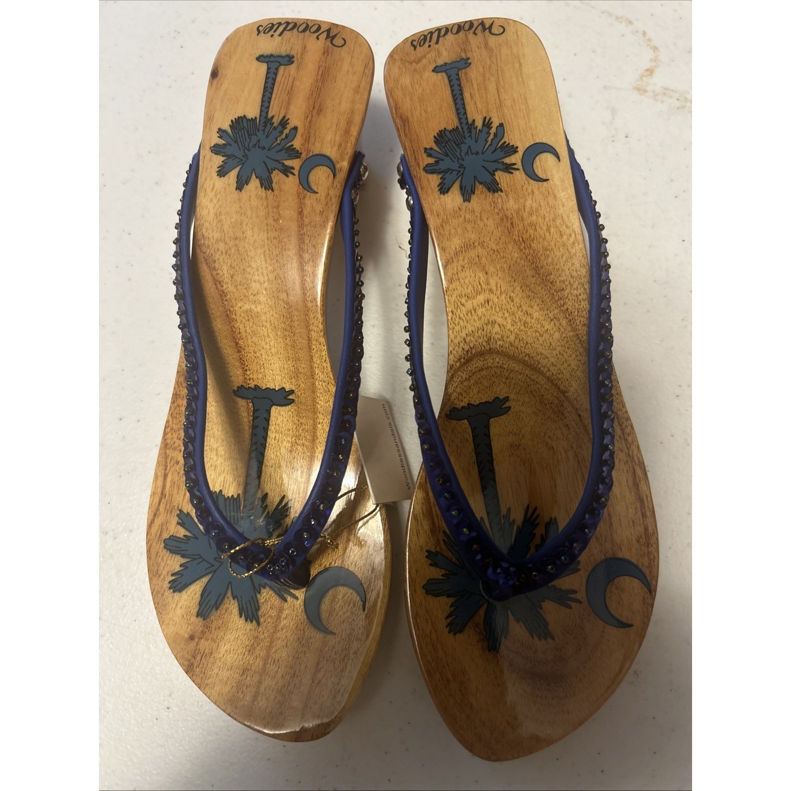 Woodies Palmetto Tree Wooden Wedge Sandals Size 6 Blue Sequin Flip Flops Nwt